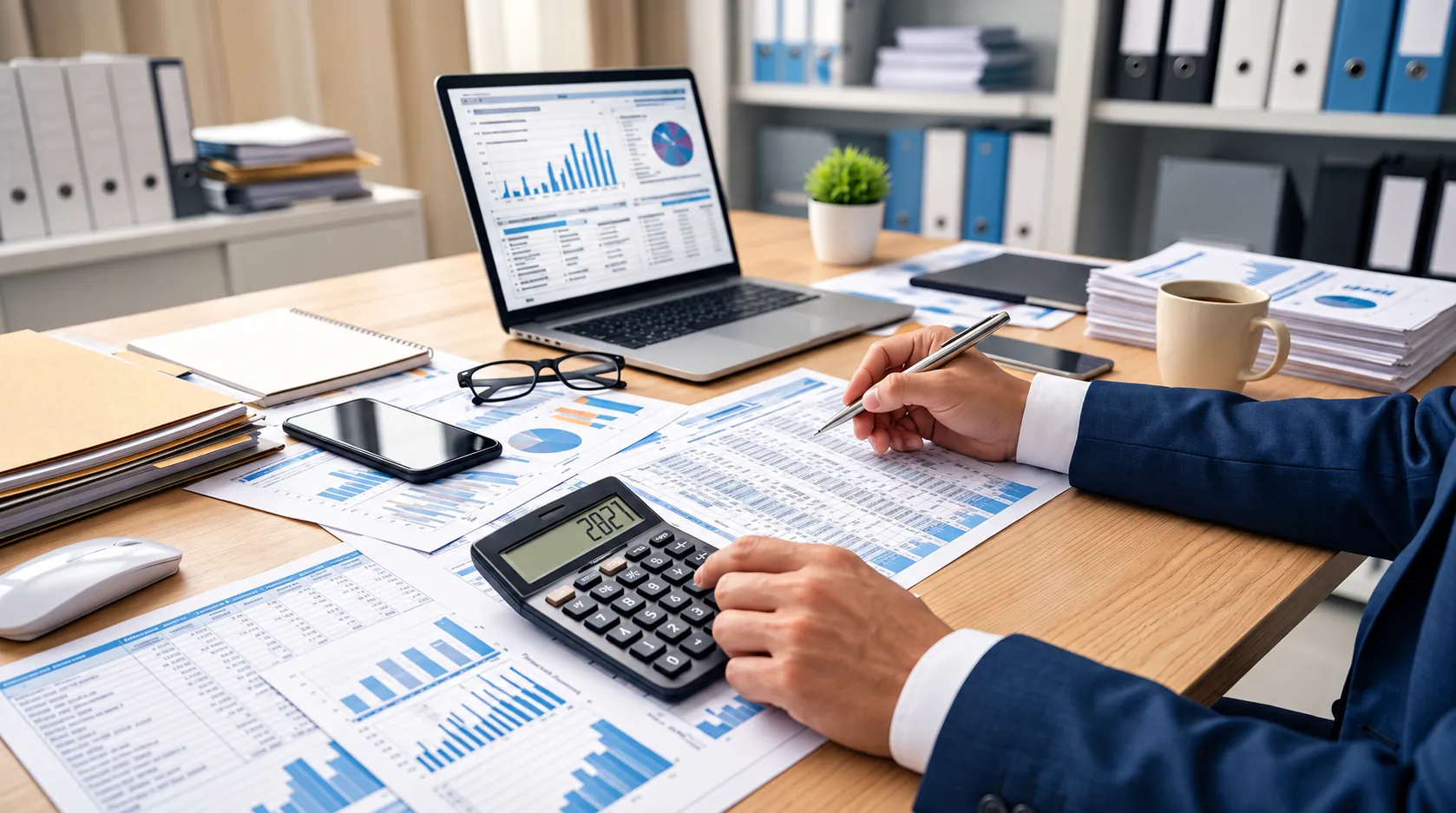 Analyst reviewing ROI reports with a calculator and dashboards