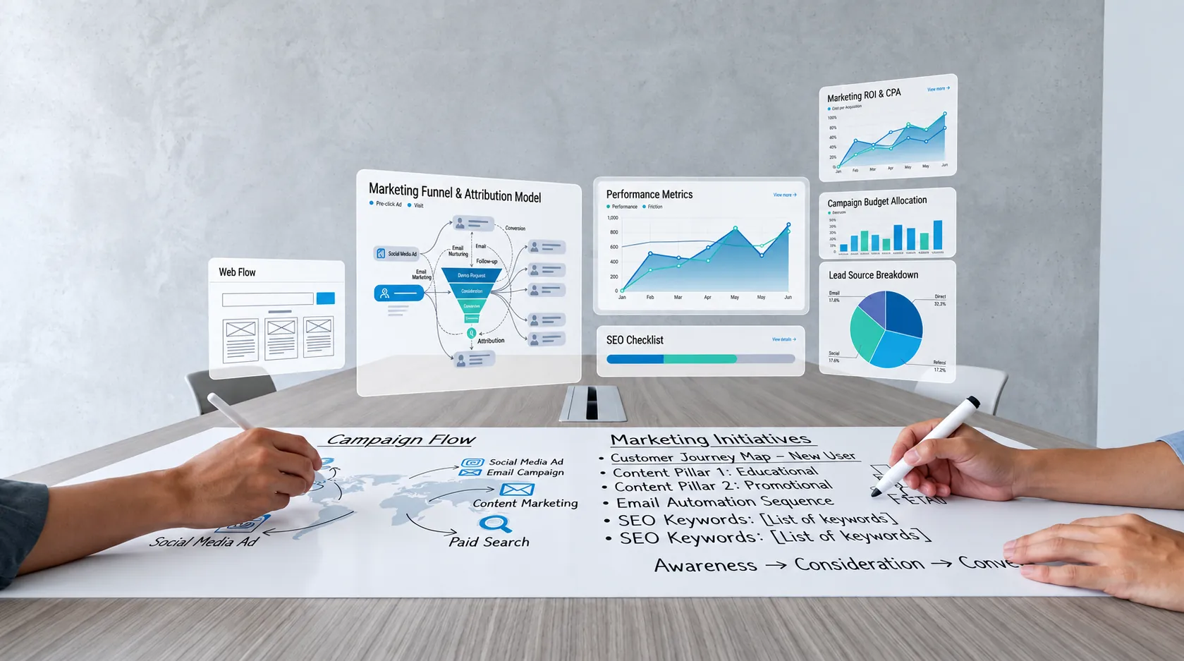 Campaign flow planning with funnel, performance metrics and budget dashboards
